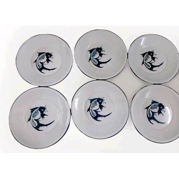 Other - Vintage Chinese Enamelware Blue White Koi Carp Fish Metal Dinner Plates Set of 6